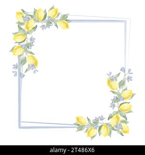 Quadratischer blauer Rahmen mit Eckdekoration von Zitronenzweigen im Aquarellstil Vektor Stock Vektor