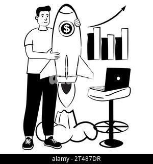 Hand gezeichnetes Vektorbild eines Mannes mit Geschäftsraketenstart Stock Vektor