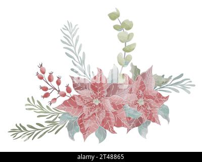 Weihnachtskomposition von roten Blumen und Tannenzweigen Weihnachtsstern Vektor Aquarell Stock Vektor