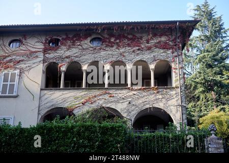 Altes Haus mit Kletterpflanzen bedeckt Stockfoto
