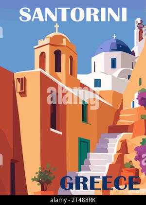 Santorini, Griechenland Reiseplakat, Vektor-Wandkunst. Stock Vektor