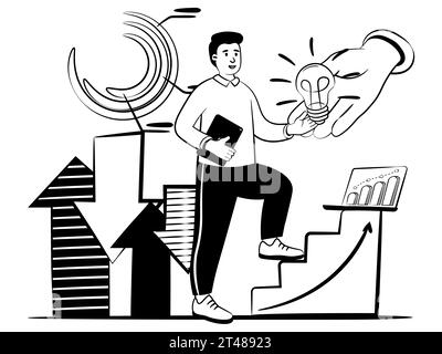 Hand gezeichnetes Vektorbild eines Mannes mit Tablet in der Hand findet eine neue Idee für das Geschäft Stock Vektor