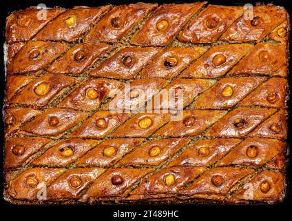 Haselnussbaklava. Nahaufnahme. Traditionelle Süßigkeiten aus dem Nahen Osten. Traditionelle aserbaidschanische Baklava. Der lokale Name fyndyk paxlava Stockfoto