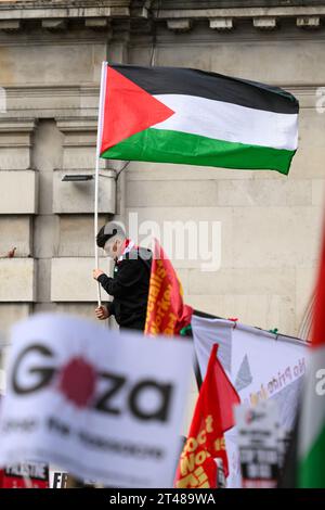 Ein junger Mann, der zu Beginn eines Pro-Palästina-marsches eine palästinensische Flagge schwenkt und zu einem Waffenstillstand der andauernden Militäroffensive Israes in Gaza aufruft Stockfoto