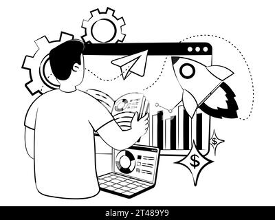 Handgezeichnetes Vektorbild eines Mannes, der digitale Geschäfte visualisiert Stock Vektor