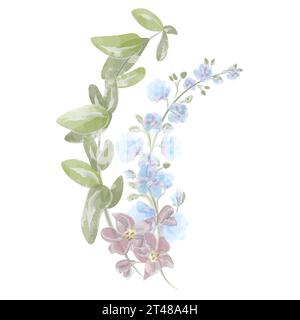 Blumenstrauß von blauen Wildblumen in Blättern Aquarellvektor Stock Vektor