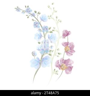 Blumenstrauß von blauen und lila Wildblumen Aquarellvektor Stock Vektor