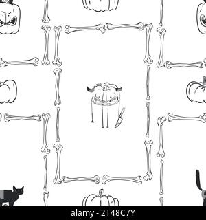Hand gezeichneter Vektor abstrakte grafische Linie Kunst Halloween nahtlose Muster von gruseligen Charakteren, Kürbisse und Knochen isoliert. Halloween Umriss Scary Stock Vektor