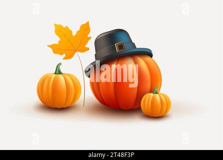 Thanksgiving-Illustration - Kürbis in einem Pilgerhut. Orange Kürbisse und Herbstblatt isoliert auf weißem Hintergrund - Vektordesign Stock Vektor