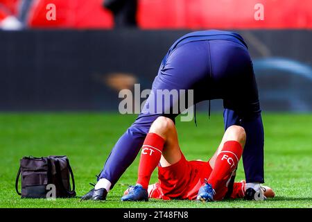 ENSCHEDE, NIEDERLANDE - 29. OKTOBER: Mathias Kjolo (FC Twente) wurde beim Eredivisie-Spiel des FC Twente und des SC Feyenoord bei de Grolsch Veste ON verletzt Stockfoto