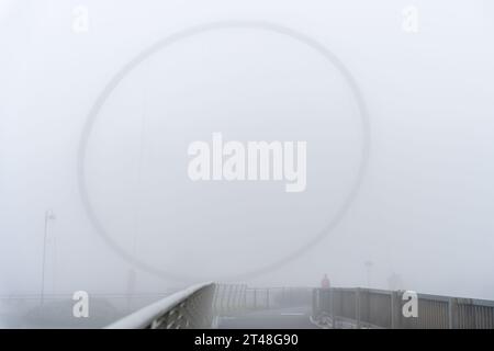 Detail der Temenos-Skulptur von Anish Kapoor und Cecil Balmond, ein Wahrzeichen in Teesside, in Middlesbrough, Großbritannien, gehüllt in Nebel Stockfoto