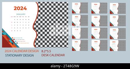 2024 Kalenderplaner-Vorlage mit Platz für Foto und Firmenlogo. Vektorlayout einer Wand oder eines Schreibtisches einfacher Kalender mit Wochenbeginn Sonntag. Stock Vektor