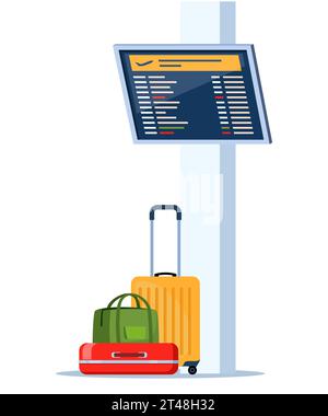 Abflug-Lounge mit Gepäck- und Informationstafel, Element des Innenraums der Flughafen-Lounge. Wartezimmer des Terminals. Vektorabbildung Stock Vektor