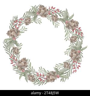 Weihnachtskranzkomposition von Tannenzapfen und Tannenzweigen Aquarellvektor Stock Vektor
