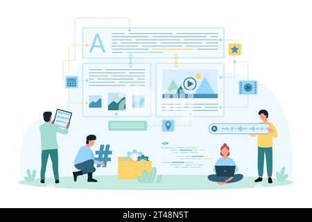 Bloginhalte-Management und -Erstellung Vektorillustration. Cartoon Tiny People aktualisieren Informationen in der Datenbank mit einem Website-Service-System, Autoren und Administratoren verwalten Textartikel und Dokumente online Stock Vektor