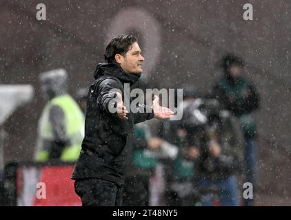 29. Oktober 2023, Hessen, Frankfurt/Main: Fußball, Bundesliga, Eintracht Frankfurt - Borussia Dortmund, Spieltag 9, im Deutsche Bank Park. Dortmunds Cheftrainer Edin Terzic steht am Rande. Foto: Arne Dedert/dpa - WICHTIGER HINWEIS: Gemäß den Vorgaben der DFL Deutsche Fußball Liga und des DFB Deutscher Fußball-Bund ist es verboten, im Stadion und/oder des Spiels aufgenommene Fotografien in Form von Sequenzbildern und/oder videoähnlichen Fotoserien zu verwenden oder verwenden zu lassen. Stockfoto