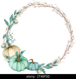 Aquarellkreis mit Kürbissen, Ästen und Blättern. Boho Stockfoto