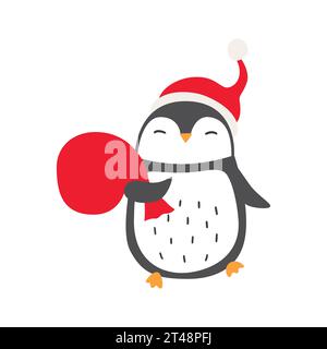 Illustration des Weihnachtspinguins im Weihnachtsmann-Hut mit Geschenktüte Stock Vektor