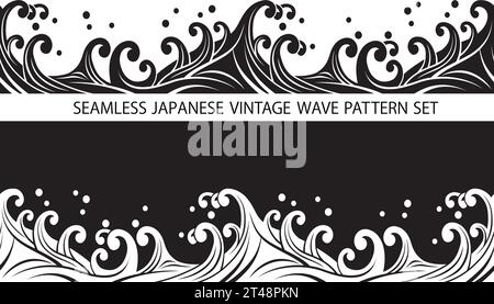 Japanisches Vintage Seamless Wave Muster Mit Text Space Set. Vektorabbildung. Horizontal Wiederholbar. Stock Vektor