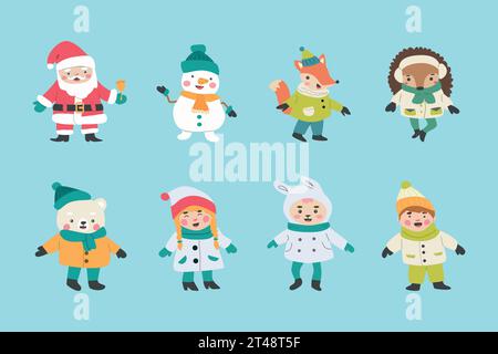 weihnachten Zeichentrickfiguren Kinder, claus, Tiere - Set Stock Vektor