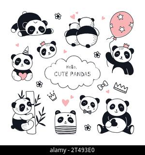 Süßer Panda. Doodle Baby Bär. Koala-Tier-Tätowierungsfiguren. Zeichentrickmuster für Kinderzimmer. Kindergeburtstag. Faule, flauschige Säugetiere, die sich auf Bambus entspannen. Smi Stock Vektor