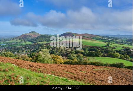 Caer Caradoc, Helmeth Hill, Wrekin und Hope Bowdler Hill von Ragleth Hill, Church Stretton, Shropshire Stockfoto