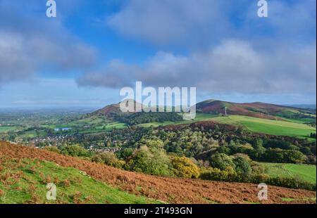 Caer Caradoc, Helmeth Hill, Wrekin und Hope Bowdler Hill von Ragleth Hill, Church Stretton, Shropshire Stockfoto