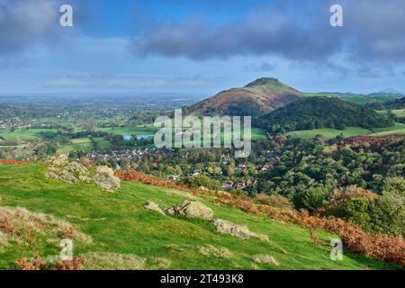 Caer Caradoc, Helmeth Hill und Wrekin von Ragleth Hill, Church Stretton, Shropshire Stockfoto