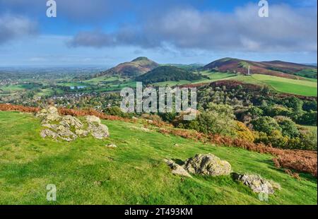 Caer Caradoc, Helmeth Hill, Wrekin und Hope Bowdler Hill von Ragleth Hill, Church Stretton, Shropshire Stockfoto