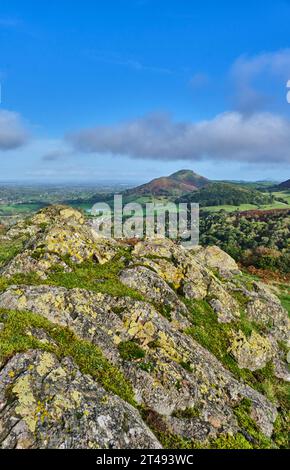 Caer Caradoc, Helmeth Hill und Wrekin von Ragleth Hill, Church Stretton, Shropshire Stockfoto