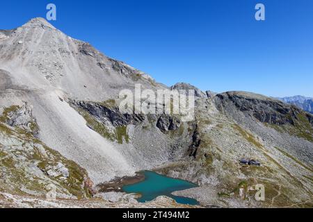 Friesenbergsee, hoher Riffler, Schutzhütte Friesenberghaus. Zillertaler Alpen. Tirol. Österreich. Europa. Stockfoto