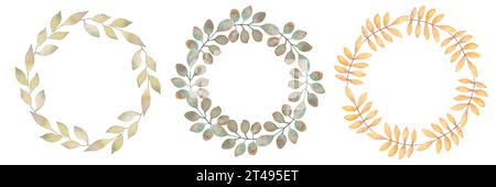 Ein Set aus eleganten runden Rahmen, Girlanden, Kränzen oder Borten aus Zweigen mit Blättern. Botanisches Designelement. Geeignet für Thanksgiving-Karten Stockfoto
