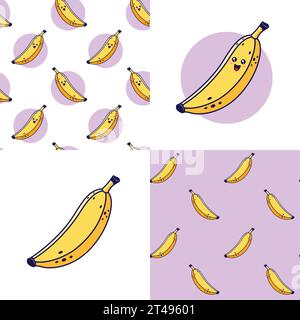 Set mit niedlichen Kawaii Bananenmustern. Essen Obst flach Symbol. Nahtloses Cartoon-Bananenmuster, Doodle-Stil. Handgezeichnete Vektorgrafik. Muster für Stock Vektor