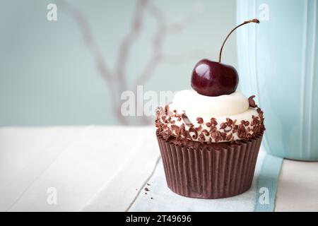 Cupcake aus schwarzem Wald, dekoriert mit Schokoladenspänen und einer einzelnen schwarzen Kirsche Stockfoto