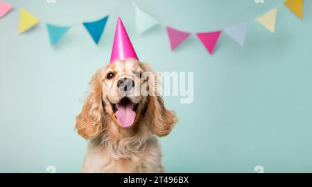 Fröhlicher Cocker Spaniel mit Partyhut, feiert auf einer Geburtstagsparty mit bunten Fahnen im Hintergrund Stockfoto