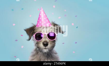 Glücklicher, süßer Mischlingshund mit Partyhut und Sonnenschirmen, die auf einer Geburtstagsfeier feiern, umgeben von fallendem Konfetti Stockfoto