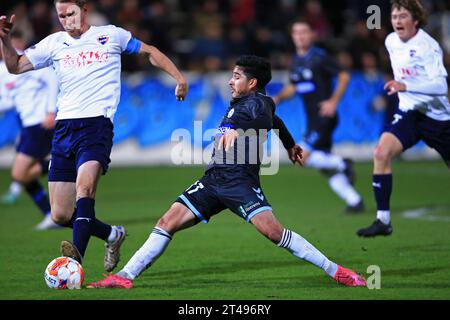 Kopenhagen, Dänemark. Oktober 2023. Jose Gallegos (17) aus Soenderjyske, der während des Spiels der NordicBet Liga zwischen B.93 und Soenderjyske im Osterbro Stadion in Kopenhagen gesehen wurde. (Foto: Gonzales Photo - Christian Midtgaard). Stockfoto