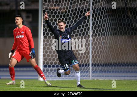 Kopenhagen, Dänemark. Oktober 2023. Soren Andreasen (14) von Soenderjyske, der während des Spiels der NordicBet Liga zwischen B.93 und Soenderjyske im Osterbro Stadion in Kopenhagen gesehen wurde. (Foto: Gonzales Photo - Christian Midtgaard). Stockfoto