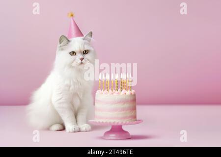 Flauschige weiße Katze mit Partyhut, die mit einer Geburtstagskuche mit goldenen Geburtstagskerzen feiert Stockfoto
