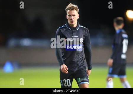 Kopenhagen, Dänemark. Oktober 2023. Peter Christiansen (20) aus Soenderjyske, der während des Spiels der NordicBet Liga zwischen B.93 und Soenderjyske im Osterbro Stadion in Kopenhagen gesehen wurde. (Foto: Gonzales Photo - Christian Midtgaard). Stockfoto