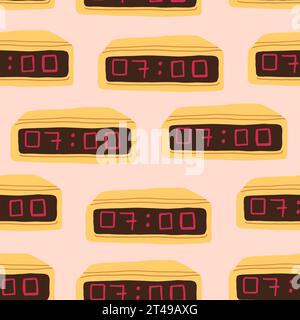 Nahtloses Vektormuster mit Retro-Weckern mit Zahlen auf beigefarbenem Hintergrund. Vintage-Uhr. Vektorabbildung Stock Vektor