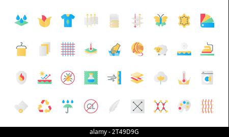 Struktur-Features und Eigenschaften flache Symbole setzen Vektorillustration. Symbole für Leder und Wolle, Baumwolltextilien und Federn, antibakterielle und wasserdichte Materialien und Schichten. Stock Vektor