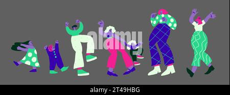 Vektor-Illustration mit tanzenden Menschen auf grauem Hintergrund. Tanzende Leute kritzeln. Glückliche Familie, Partyleute in Neonfarben. Vektorabbildung Stock Vektor