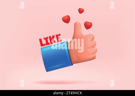 3D-ähnlich. Hand der Genehmigung. Rotes Herz. Ich liebe soziale Medien. Daumenfinger-Symbol. Klicken Sie auf Internet Sign. Folgen Sie oder Freund. Positives Feedback. Bes Stock Vektor