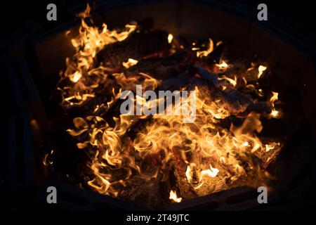 Großes Lagerfeuer in der Nacht. Brennholz brennt unter freiem Himmel. Gelbe Flamme. Hohe Verbrennungstemperatur. Stockfoto