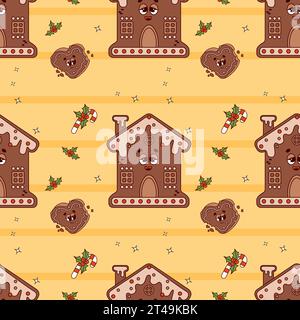 Nahtloses Retro-Weihnachtsmuster mit Zeichen Lebkuchenhaus und Herz auf gelbem Hintergrund. Grooviger Neujahrsvektor-Hintergrund Stock Vektor