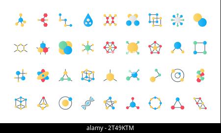 Moleküle modellieren flache Symbole setzen Vektorillustration. Symbole verschiedener Molekülstrukturen mit Atomen in Kette, chemische Piktogramme der Substanz für die wissenschaftliche medizinische Forschung. Stock Vektor