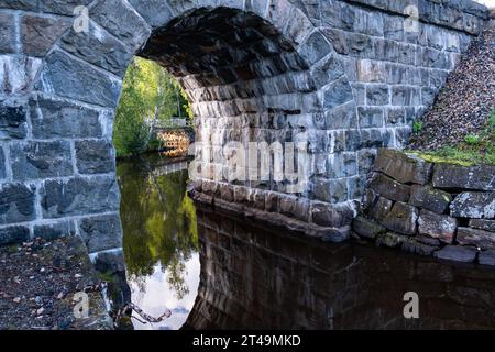 EISENBAHNBRÜCKENBOGEN, SEE, KAJAANI: Ein Eisenbahnbrückenbogen über einem See in Jormua im Sommer in der Region Kajaani in Mittelfinnland. Foto: Rob Watkins Stockfoto