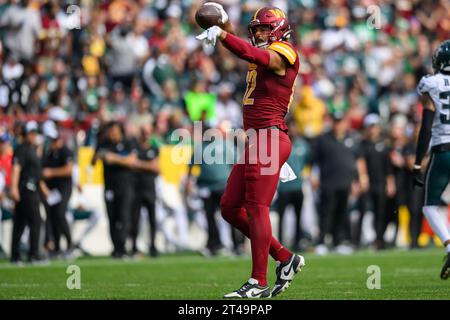 Landover, MD, USA. Oktober 2023. Washington Commanders Tight End Logan Thomas (82) reagiert, nachdem er während des Spiels zwischen den Philadelphia Eagles und den Washington Commanders in Landover, MD, einen Pass erhalten hat. Reggie Hildred/CSM/Alamy Live News Stockfoto