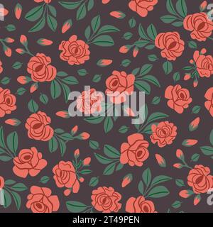 Vintage-Muster mit roten Rosen und Blättern auf braunem Hintergrund. Retro-Blumenmuster. Vektorabbildung Stock Vektor